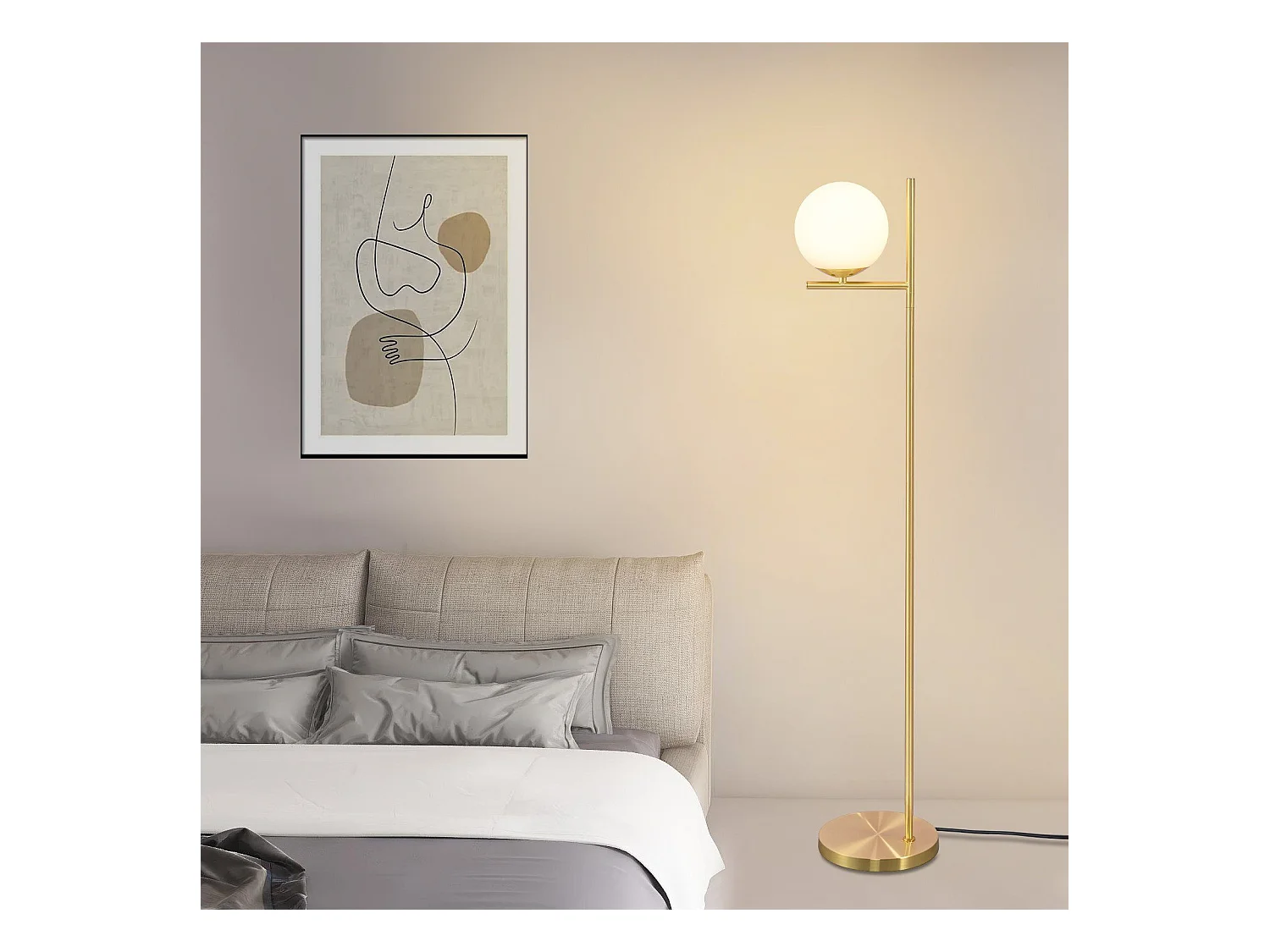 NETTLIFE Lampadaire doré industriel avec interrupteur au pied, design métallique en verre blanc, lampe sur pied E27 vintage, câble de 2 mètres