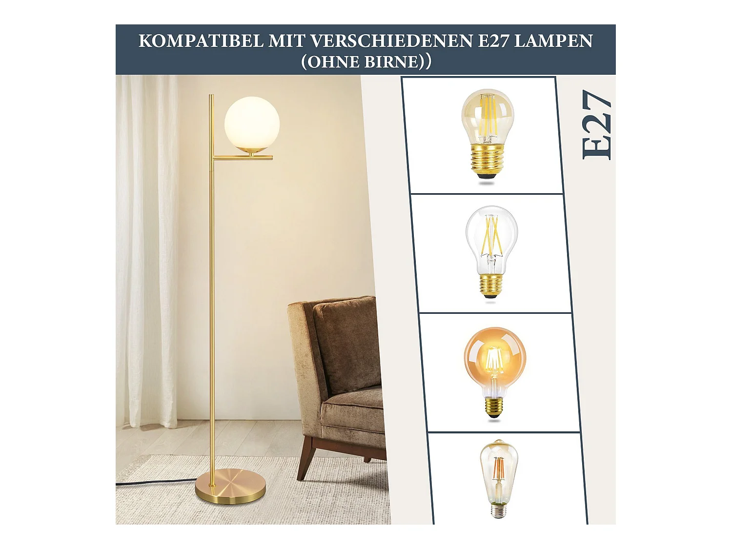 NETTLIFE Industriële gouden lamp met voetschakelaar, witte glas - metaal design, E27 vintage voetlamp, 2 meter kabel.