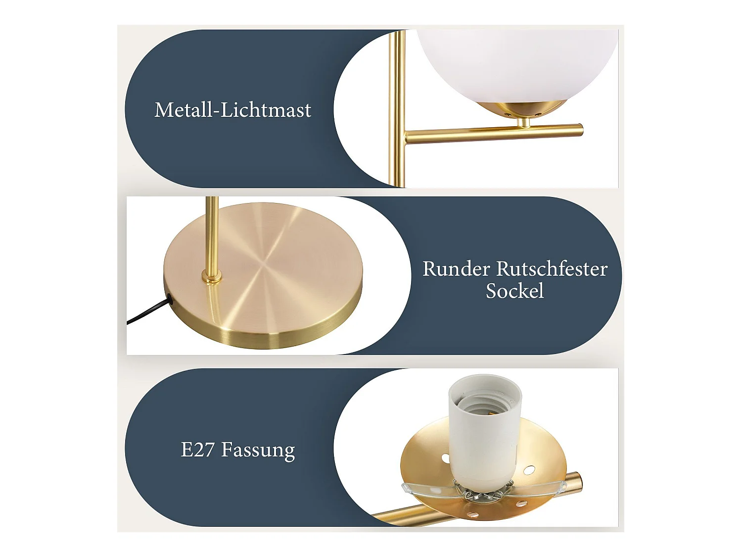 NETTLIFE Industriële gouden lamp met voetschakelaar, witte glas - metaal design, E27 vintage voetlamp, 2 meter kabel.