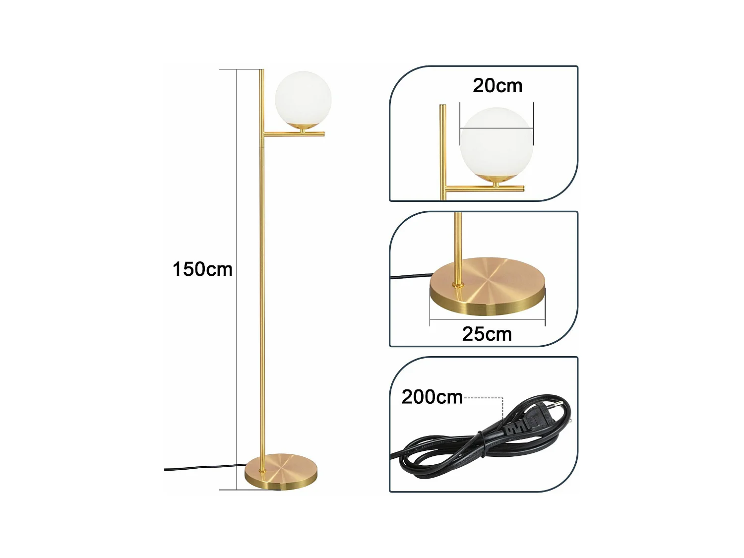 NETTLIFE Industriële gouden lamp met voetschakelaar, witte glas - metaal design, E27 vintage voetlamp, 2 meter kabel.