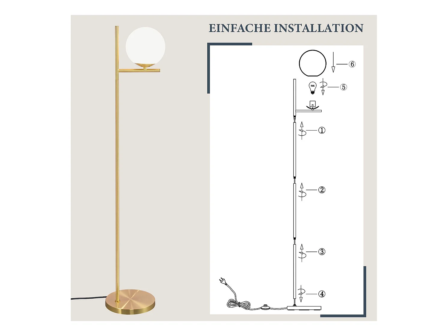 NETTLIFE Industriële gouden lamp met voetschakelaar, witte glas - metaal design, E27 vintage voetlamp, 2 meter kabel.