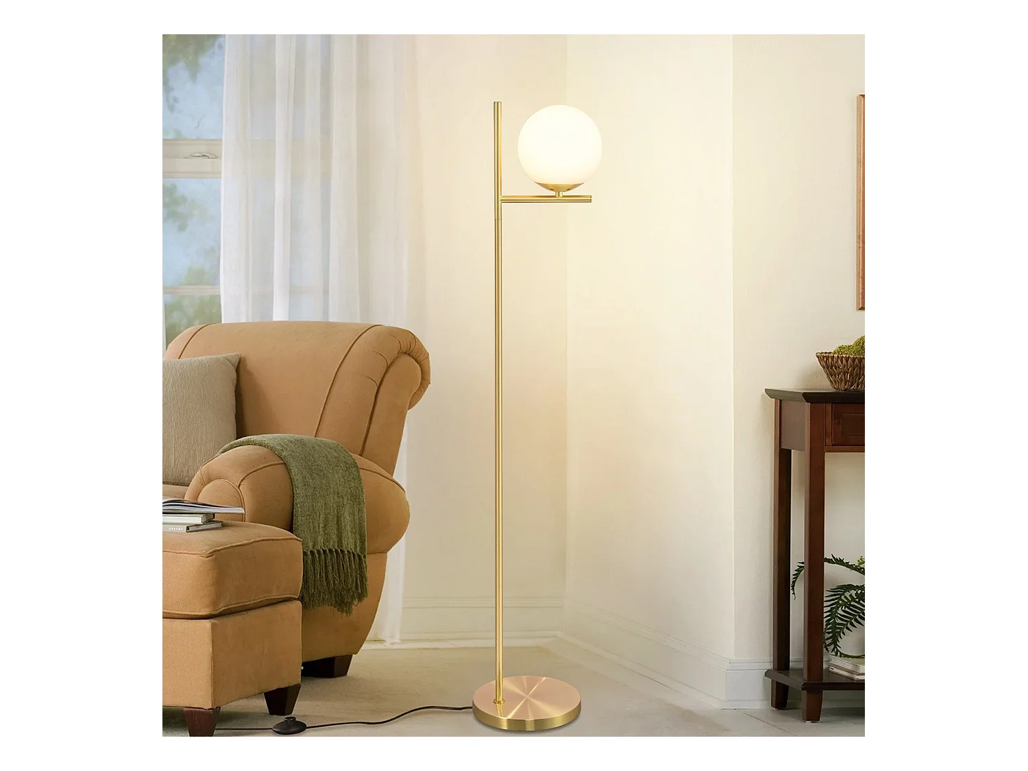 NETTLIFE Industriële gouden lamp met voetschakelaar, witte glas - metaal design, E27 vintage voetlamp, 2 meter kabel.