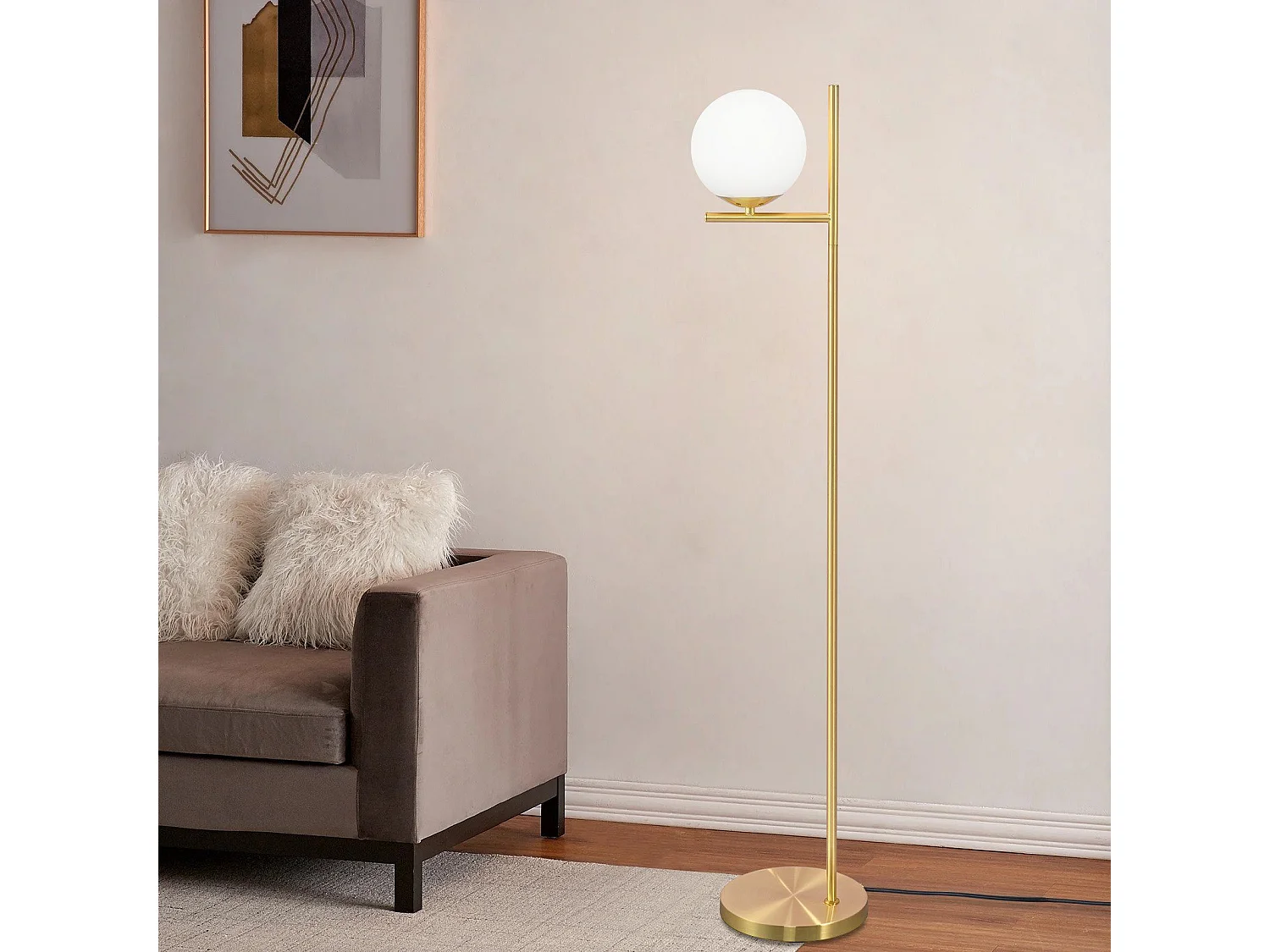 NETTLIFE Lampadaire doré industriel avec interrupteur au pied, design métallique en verre blanc, lampe sur pied E27 vintage, câble de 2 mètres