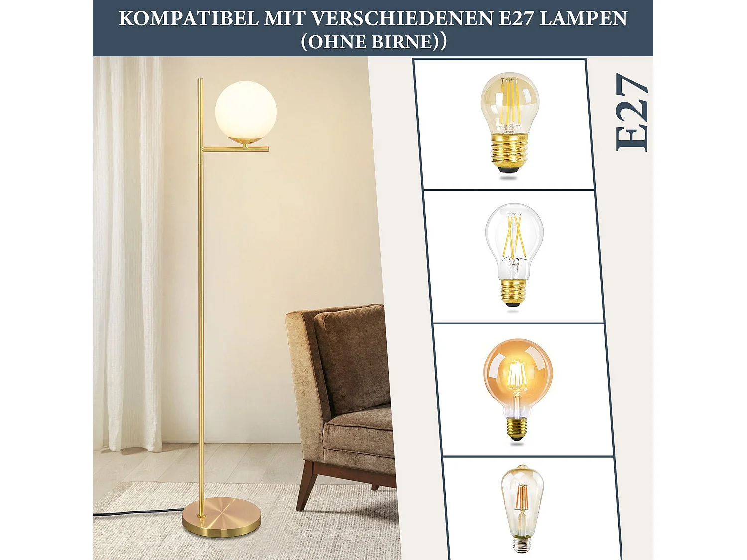 NETTLIFE Lampadaire doré industriel avec interrupteur au pied, design métallique en verre blanc, lampe sur pied E27 vintage, câble de 2 mètres
