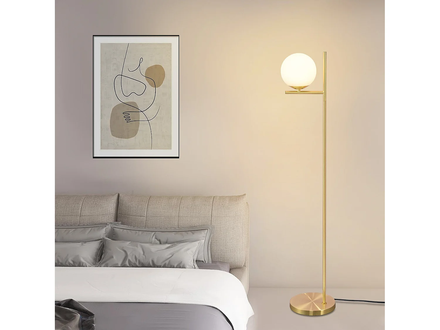 NETTLIFE Lampadaire doré industriel avec interrupteur au pied, design métallique en verre blanc, lampe sur pied E27 vintage, câble de 2 mètres