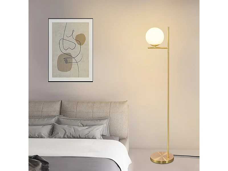 NETTLIFE Industrielle Stehlampe in Gold mit Fußschalter, Design aus weißem Glas und Metall, Vintage-Stehlampe mit E27-Sockel, 2 Meter Kabel
