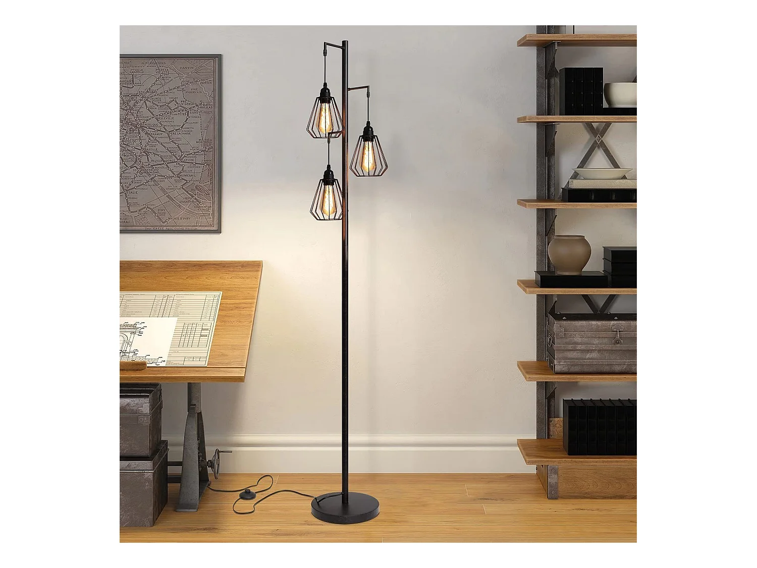 NETTLIFE Salonlamp, zwarte vintage - lamp, vintage E27 - ontwerp, industriële lamp van 163 cm metaal voor de kamer.