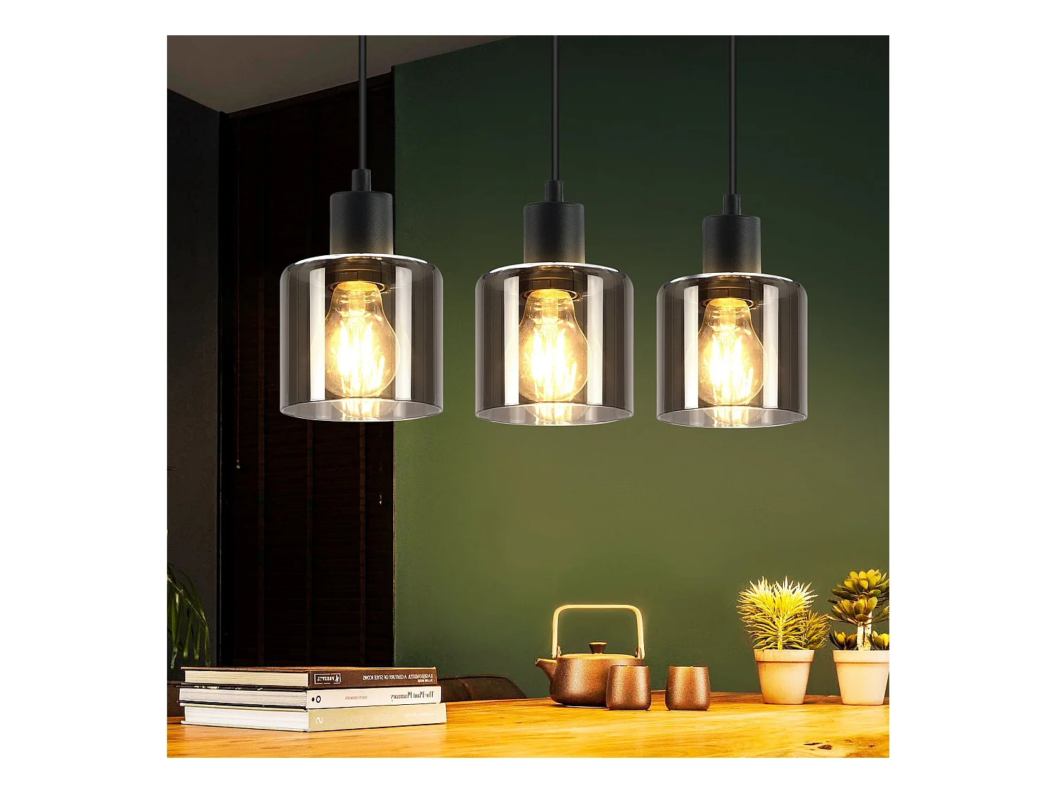 Pendelleuchte aus schwarzem Glas, Durchmesser 68 cm, E27, Vintage, 3-flammig, Esszimmerlampe