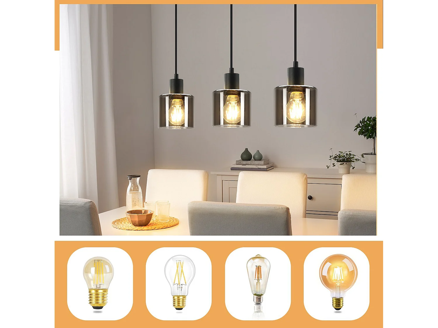 Pendelleuchte aus schwarzem Glas, Durchmesser 68 cm, E27, Vintage, 3-flammig, Esszimmerlampe