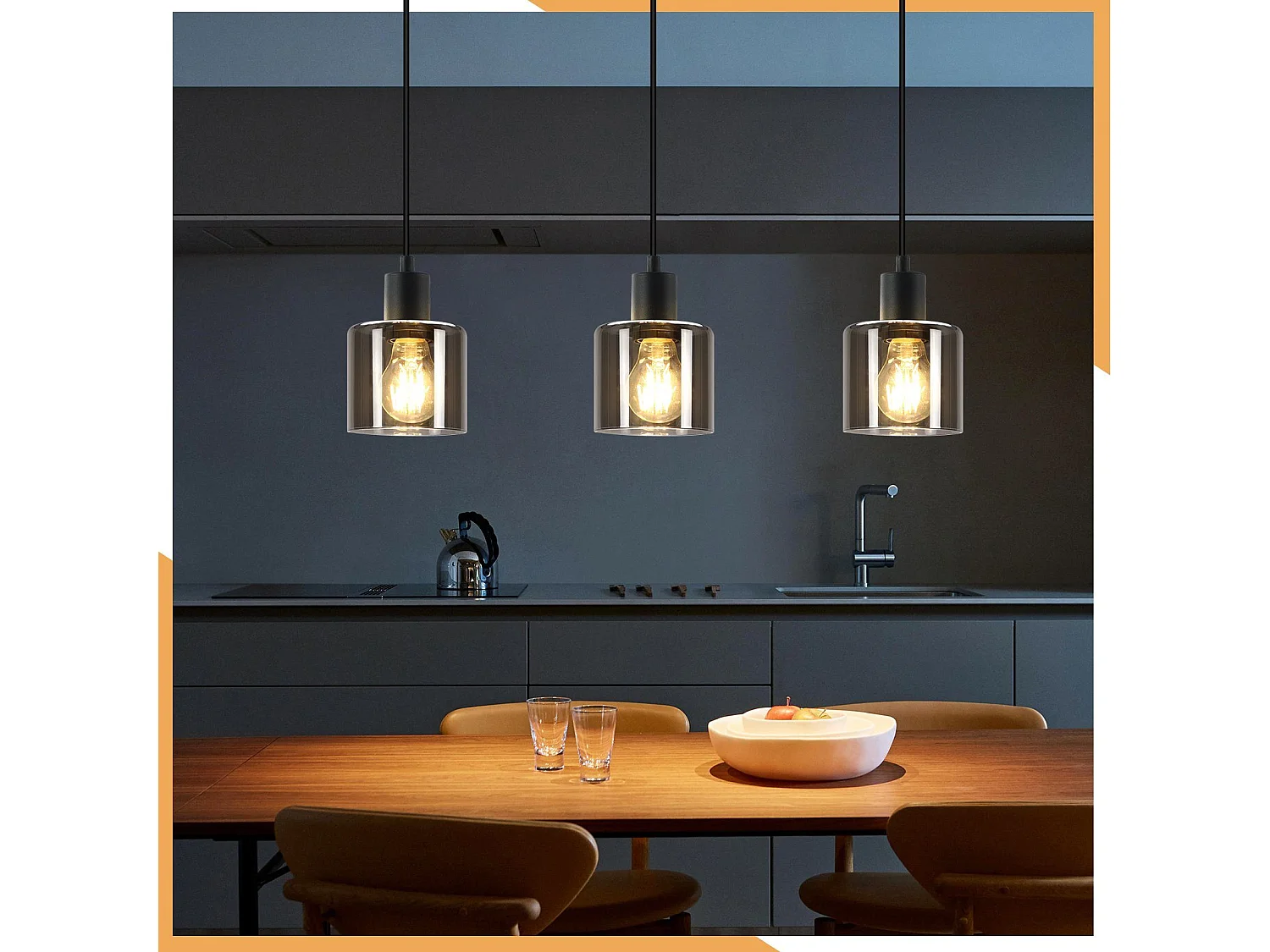 Pendelleuchte aus schwarzem Glas, Durchmesser 68 cm, E27, Vintage, 3-flammig, Esszimmerlampe