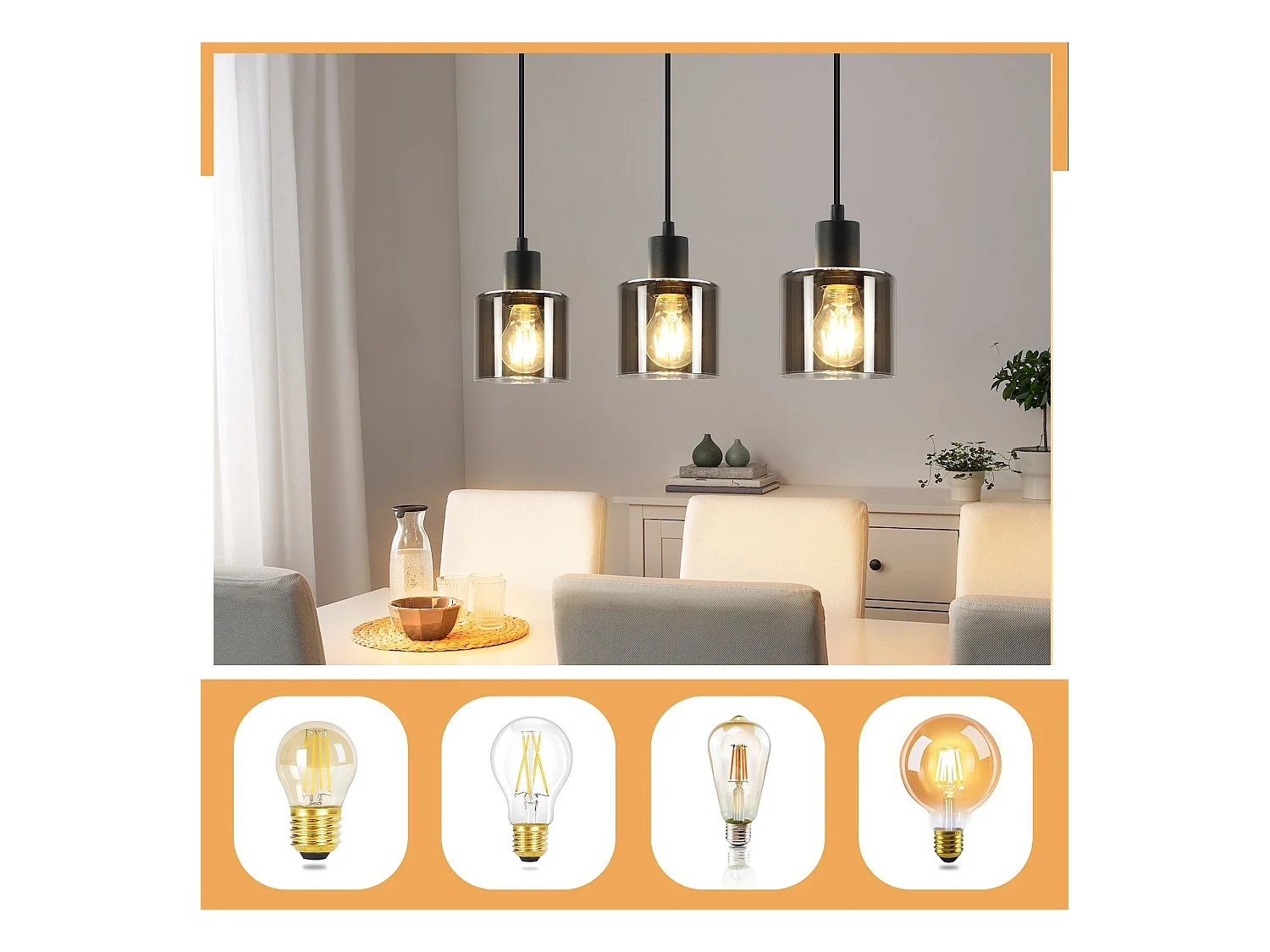 NETTLIFE Lámpara Colgante Vidrio Negro Diam.68 cm E27 Vintage 3 Bombillas Lámpara de  Lámpara Industrial Retro para Sala de Estar Hotel Oficina