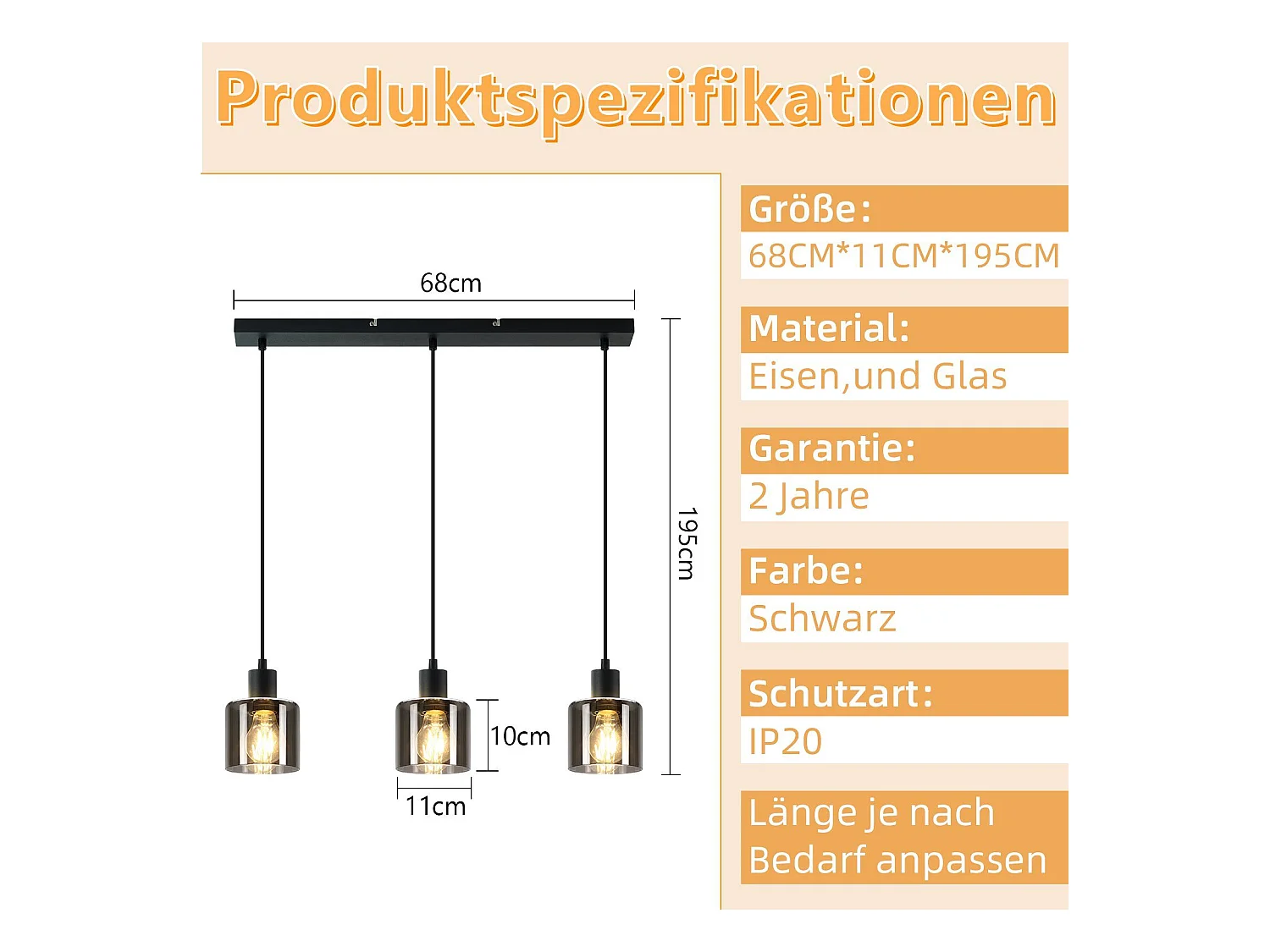 NETTLIFE Lámpara Colgante Vidrio Negro Diam.68 cm E27 Vintage 3 Bombillas Lámpara de  Lámpara Industrial Retro para Sala de Estar Hotel Oficina