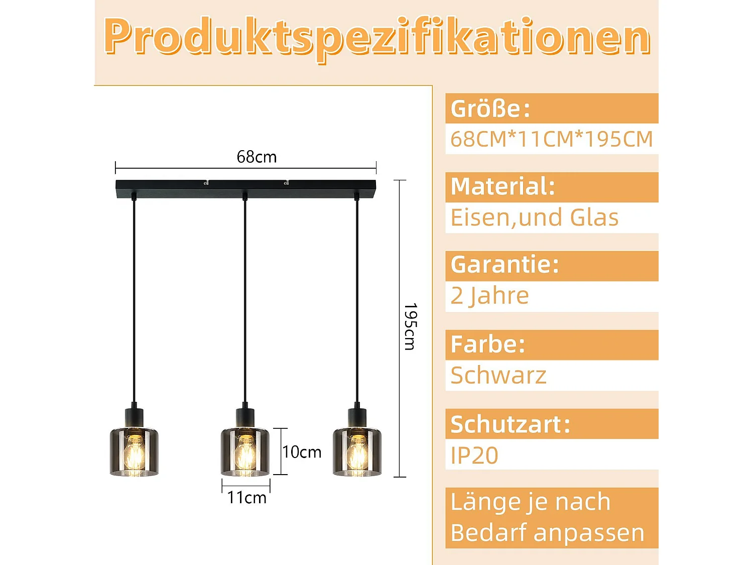 NETTLIFE Lámpara Colgante Vidrio Negro Diam.68 cm E27 Vintage 3 Bombillas Lámpara de  Lámpara Industrial Retro para Sala de Estar Hotel Oficina