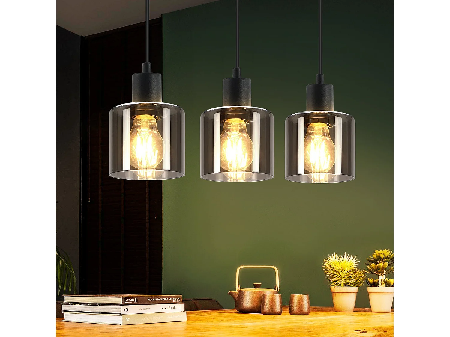 NETTLIFE Suspension Verre Noir Diam.68 cm E27 Vintage 3 Ampoules Lampe de Salle à Manger Lampe à Industrielle Rétro pour Salon Hôtel Bureau