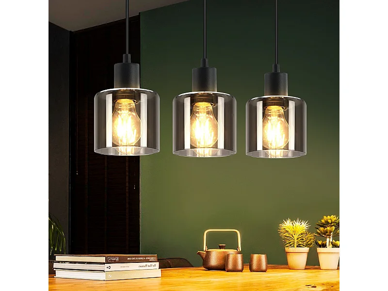 NETTLIFE Suspension Verre Noir Diam.68 cm E27 Vintage 3 Ampoules Lampe de Salle à Manger Lampe à Industrielle Rétro pour Salon Hôtel Bureau