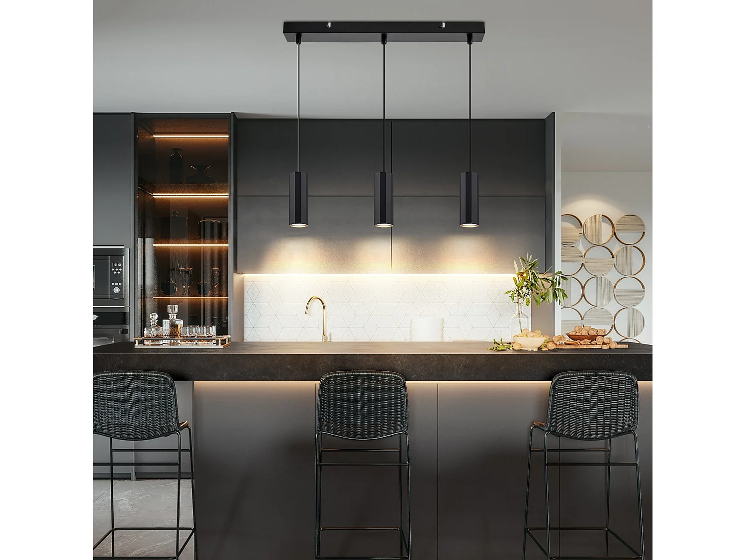 NETTLIFE Czarna metalowa lampa wisząca średnica 44 cm GU10 3 żarówki nowoczesny industrialny salon do wnętrz kuchnia sypialnia jadalnia