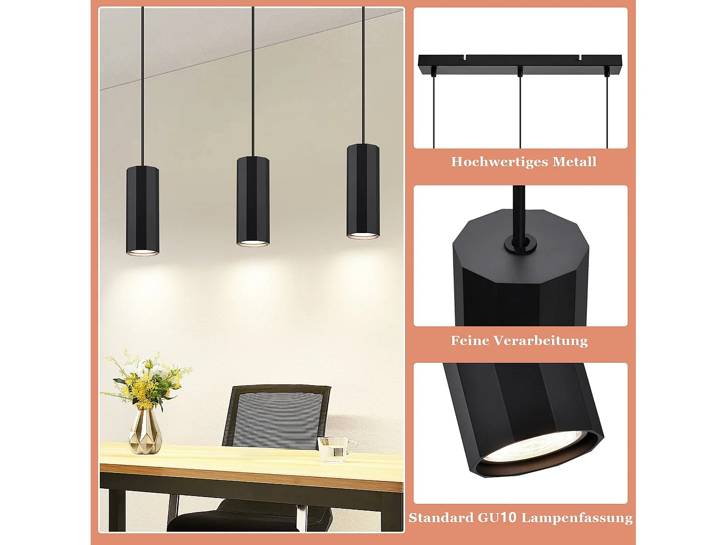 NETTLIFE Czarna metalowa lampa wisząca średnica 44 cm GU10 3 żarówki nowoczesny industrialny salon do wnętrz kuchnia sypialnia jadalnia