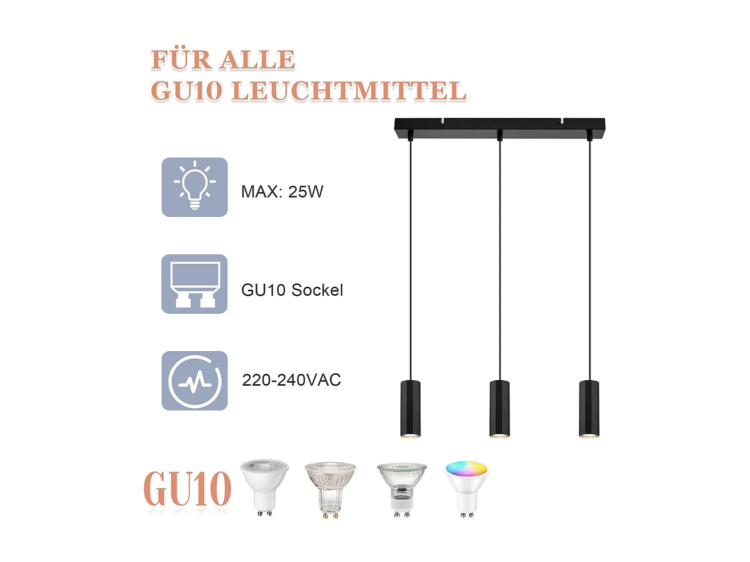 NETTLIFE Suspension métal noir diamètre 44 cm GU10 3 ampoules salon moderne industriel pour intérieur cuisine chambre salle à manger