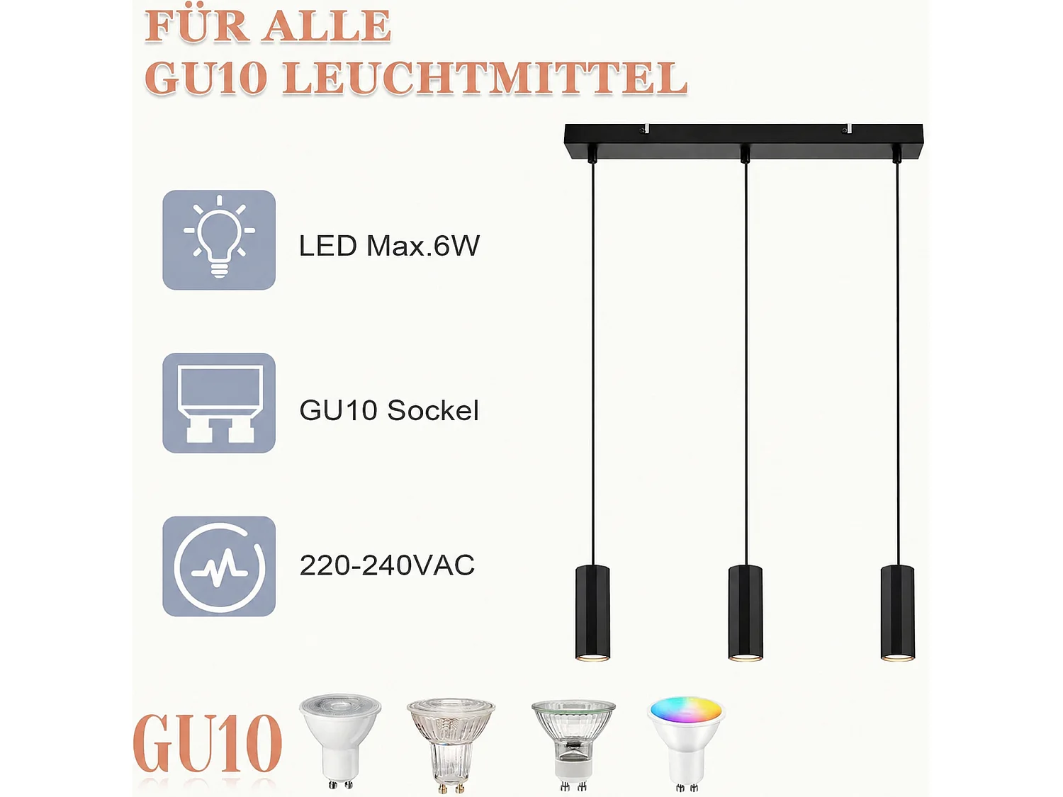 Nettlife Suspension métal noir diamètre 44 cm GU10 3 ampoules salon moderne industriel pour intérieur cuisine chambre salle à manger – Design moderne