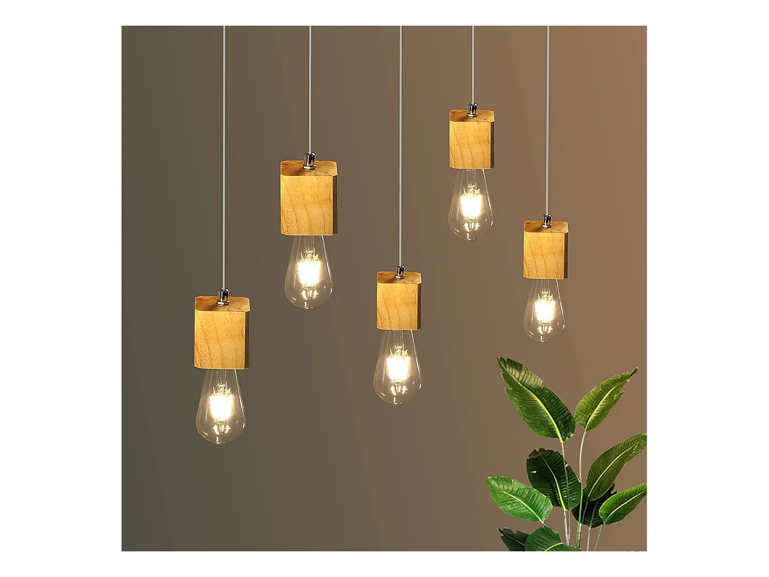 NETTLIFE Suspension 5 flammes E27 bois Vintage Diam.60cm pour salle à manger cuisine salon, sans ampoule
