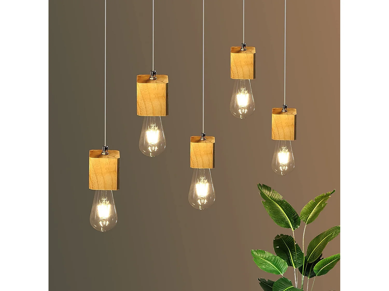 NETTLIFE Suspension 5 flammes E27 bois Vintage Diam.60cm pour salle à manger cuisine salon, sans ampoule