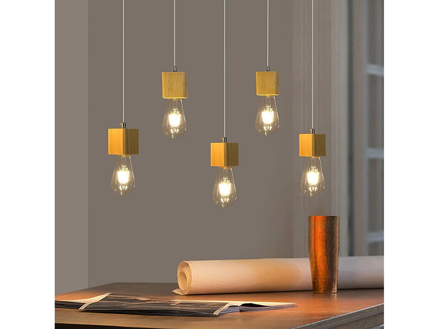 NETTLIFE Suspension 5 flammes E27 bois Vintage Diam.60cm pour salle à manger cuisine salon, sans ampoule