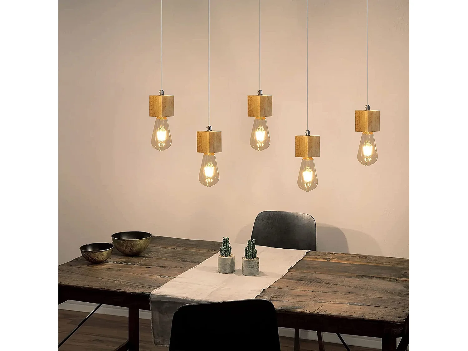 NETTLIFE Suspension 5 flammes E27 bois Vintage Diam.60cm pour salle à manger cuisine salon, sans ampoule