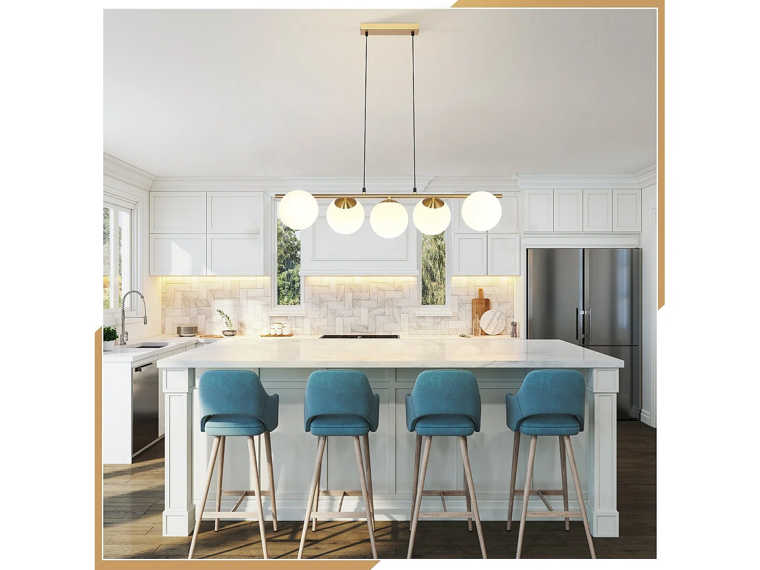 NETTLIFE Hanglamp modern - 5xE27 - glazen - goud - 150CM in hoogte verstelbaar eettafel lamp - voor woonkamer bar - zonder lampen