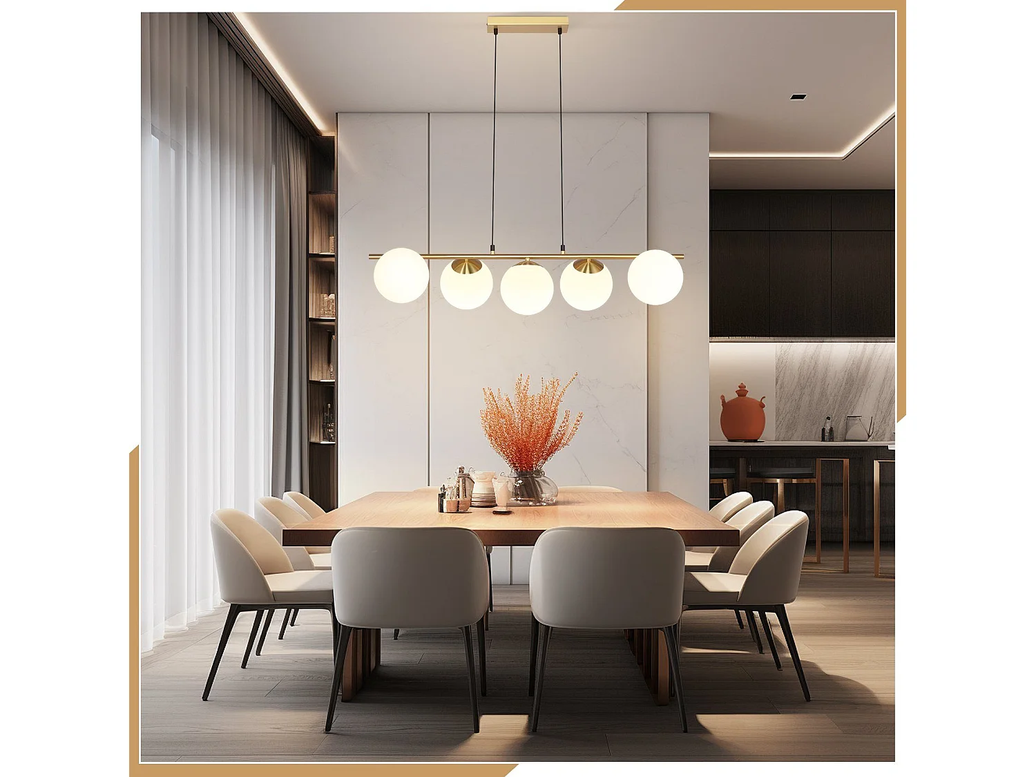 NETTLIFE Hanglamp modern - 5xE27 - glazen - goud - 150CM in hoogte verstelbaar eettafel lamp - voor woonkamer bar - zonder lampen