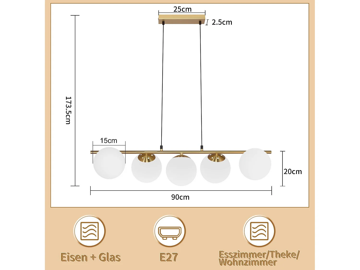 NETTLIFE Suspension verre doré diamètre 90 cm E27 moderne 150 cm hauteur réglable vintage pour salle à manger salon comptoir de bar I sans ampoule