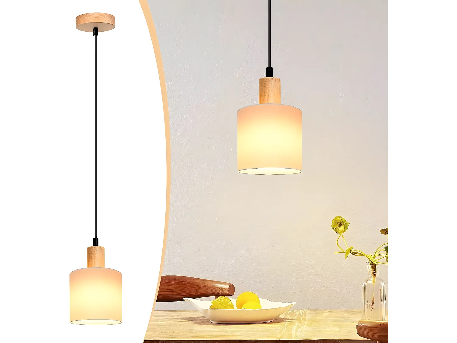 NETTLIFE Lámpara colgante de madera blanca diámetro 173 cm E14 1 llama lámpara rústica vintage para habitación  lámpara de tela para salón