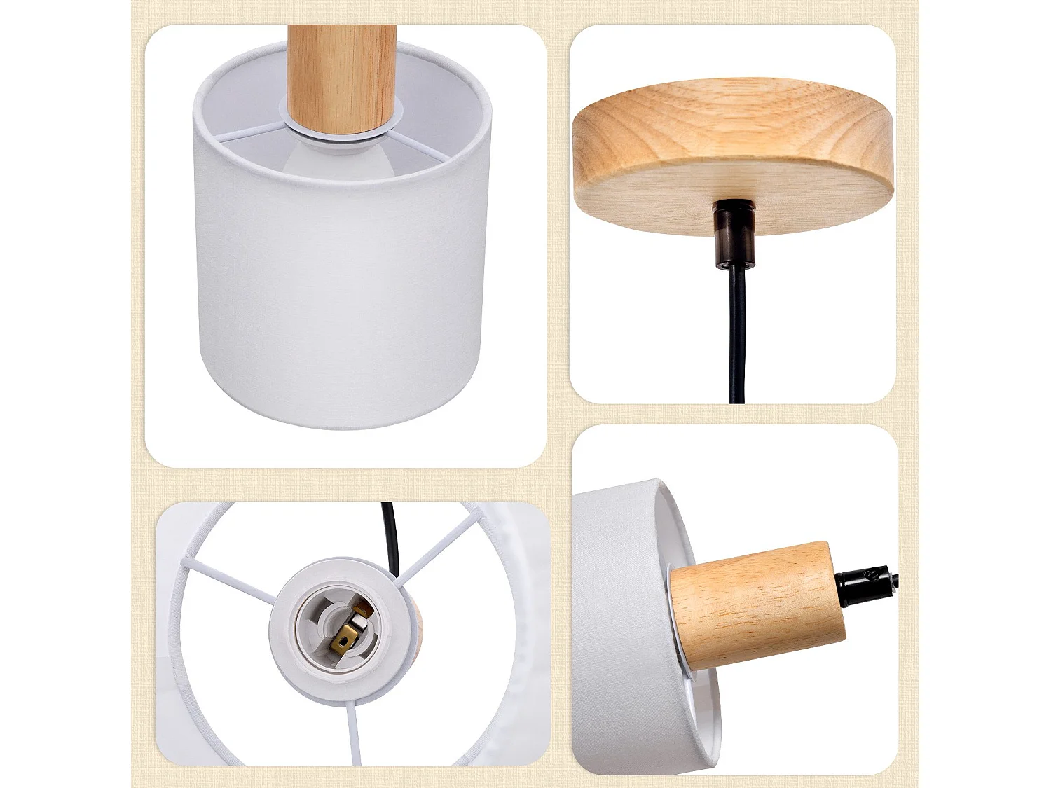 NETTLIFE Lámpara colgante de madera blanca diámetro 173 cm E14 1 llama lámpara rústica vintage para habitación  lámpara de tela para salón