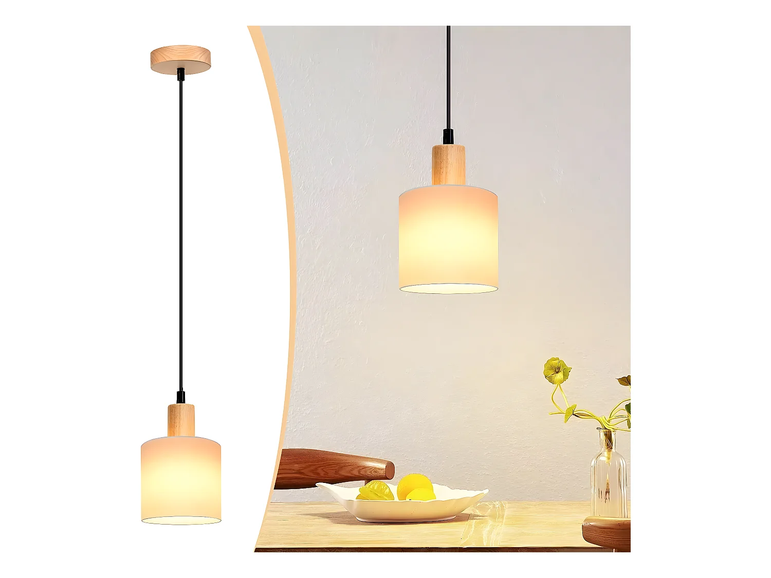 NETTLIFE Hanglamp - wit - E14 fitting - hout Design - rond - vintage eetkamerlamp - stoffen kap = voor restaurant | keuken | woonkamer | studeerkamer