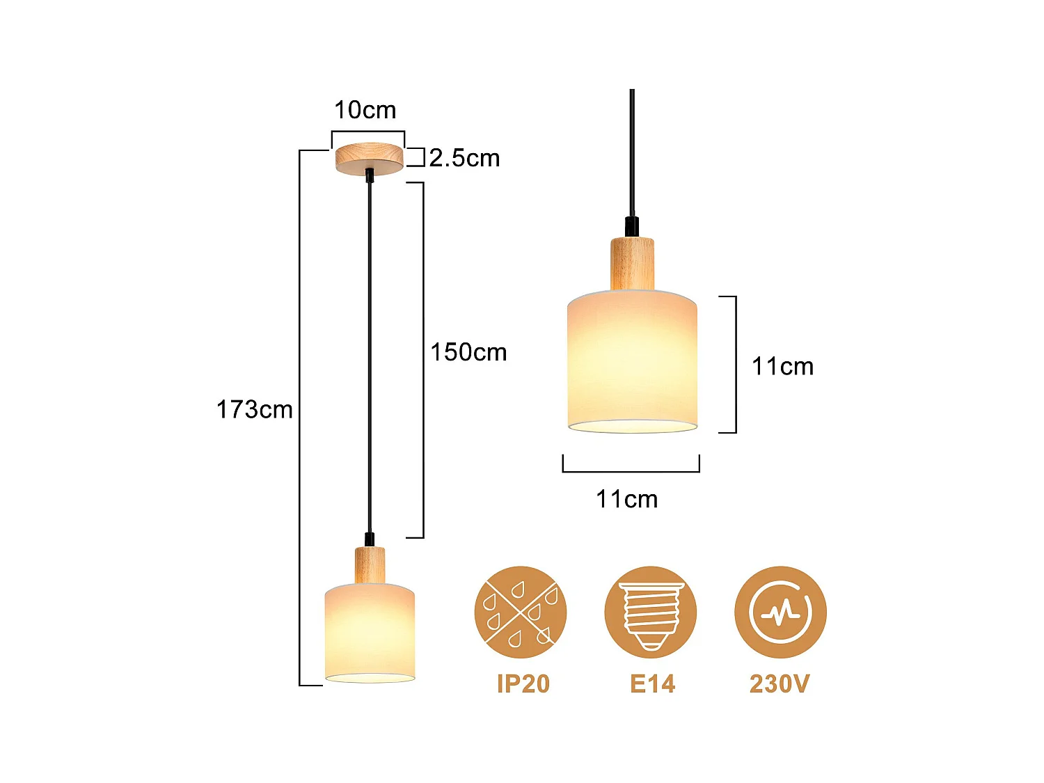 NETTLIFE Suspension bois blanc diamètre 173 cm E14 1 flamme lampe de salle à vintage rustique cuisine couloir lampe tissu pour salon restaurant
