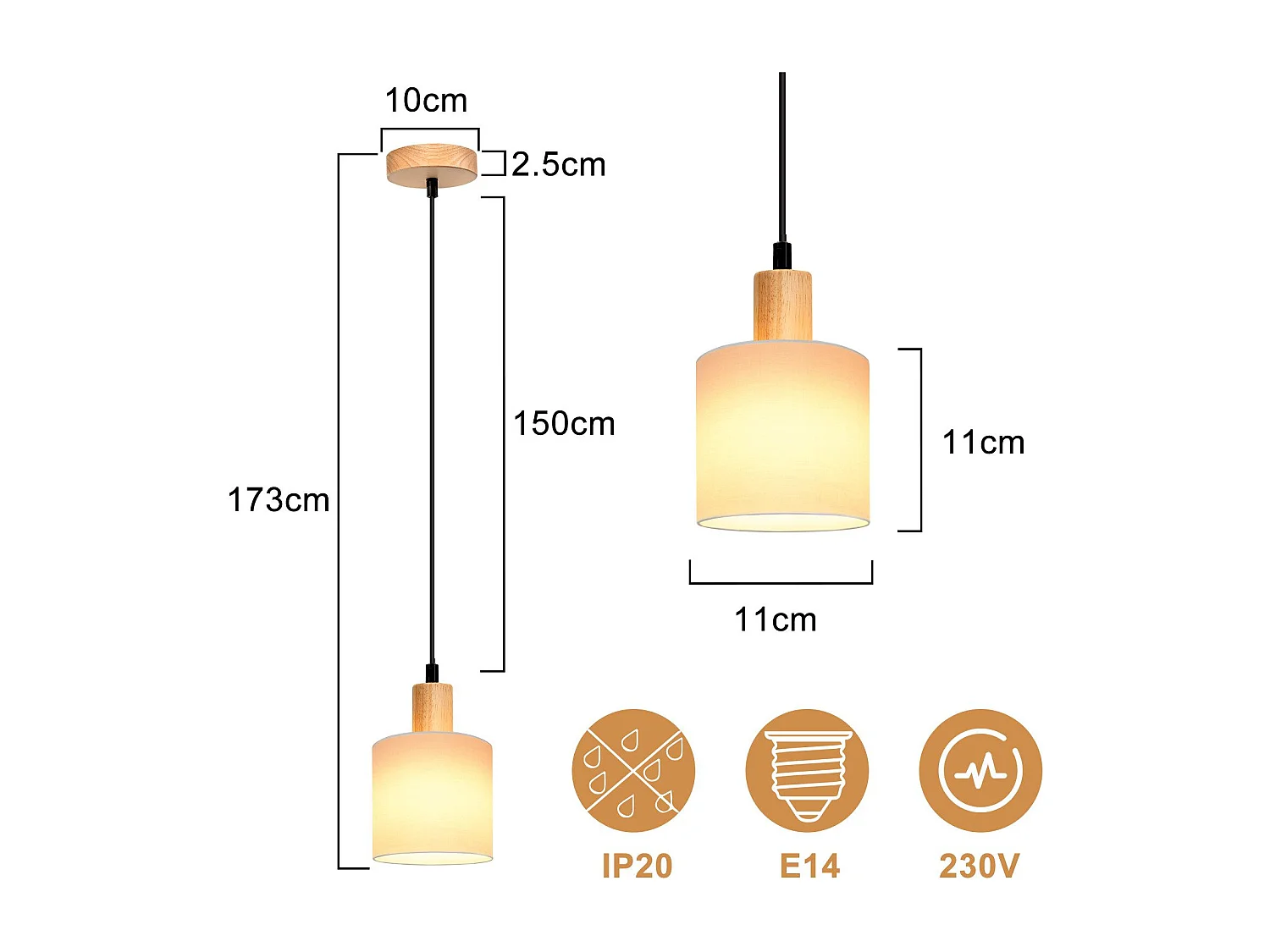 NETTLIFE Suspension bois blanc diamètre 173 cm E14 1 flamme lampe de salle à vintage rustique cuisine couloir lampe tissu pour salon restaurant