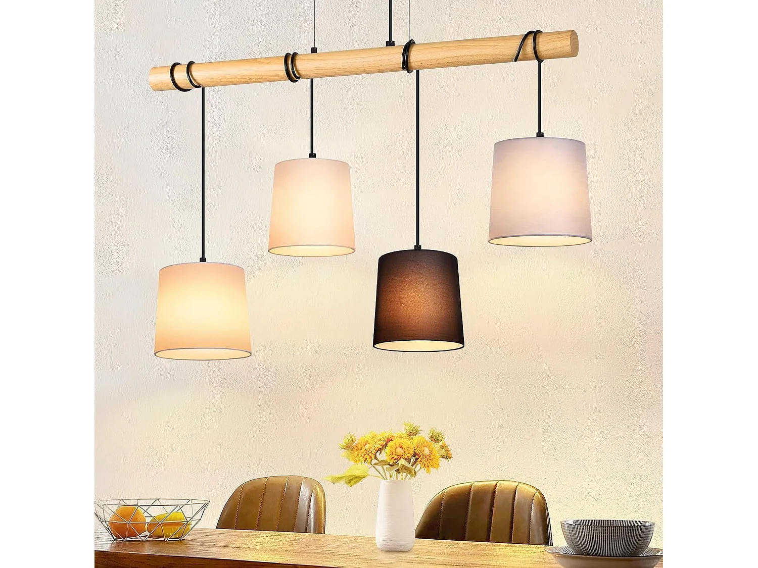 NETTLIFE Lampa wisząca 4 E27 Vintage żarówki średnica 80cm wielokolorowe drewno z abażurem z tkaniny do jadalni salon biuro