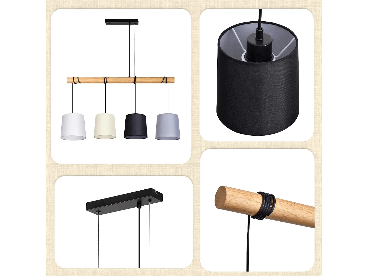 NETTLIFE Lampa wisząca 4 E27 Vintage żarówki średnica 80cm wielokolorowe drewno z abażurem z tkaniny do jadalni salon biuro