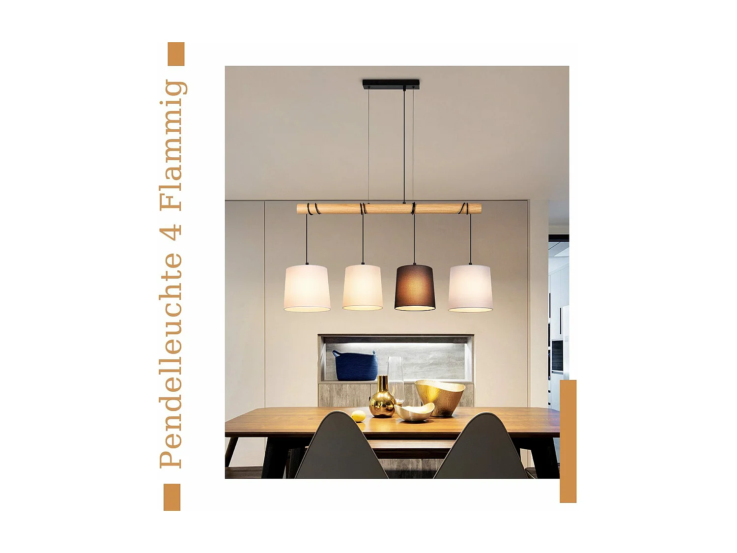 NETTLIFE Lampa wisząca 4 E27 Vintage żarówki średnica 80cm wielokolorowe drewno z abażurem z tkaniny do jadalni salon biuro