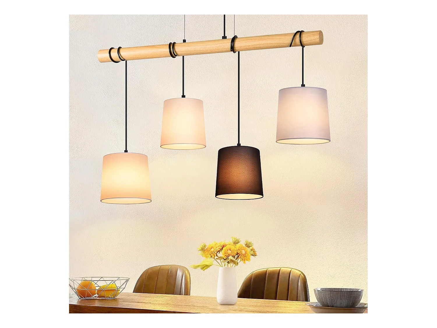 NETTLIFE Suspension 4 Ampoules E27 Vintage Diam.80cm multicolore Bois avec Tissu abat-jour pour Salle à Manger Salon Bureau