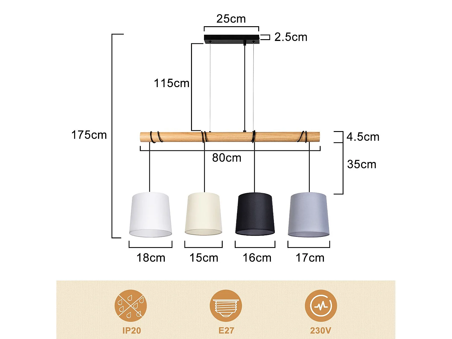 NETTLIFE Suspension 4 Ampoules E27 Vintage Diam.80cm multicolore Bois avec Tissu abat-jour pour Salle à Manger Salon Bureau