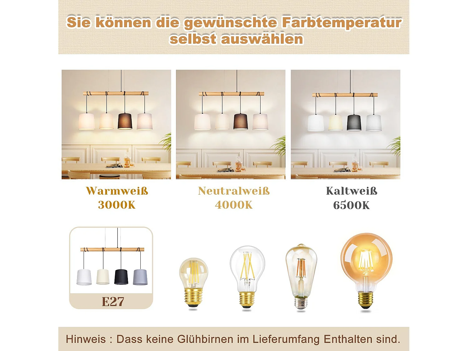 NETTLIFE Hanglamp vintage hout - 4xE27 - wit - metaal - stoffen kap - eetkamerlamp voor cafés woonkamer