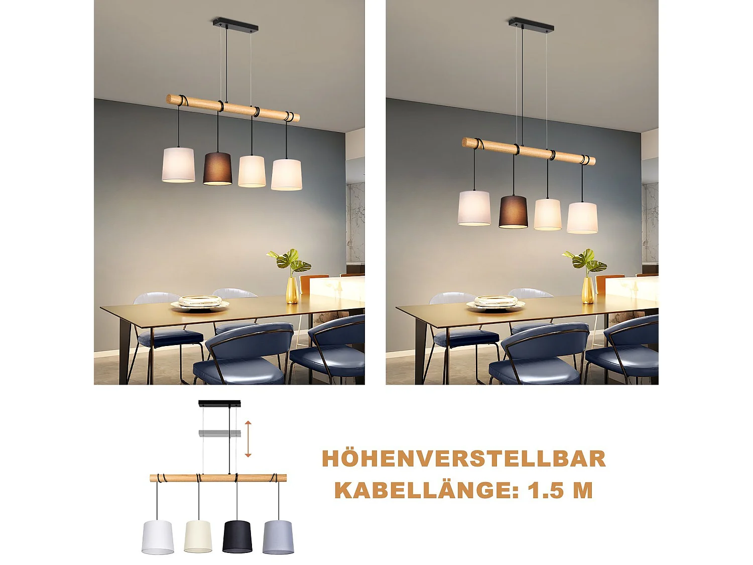 NETTLIFE Hanglamp vintage hout - 4xE27 - wit - metaal - stoffen kap - eetkamerlamp voor cafés woonkamer