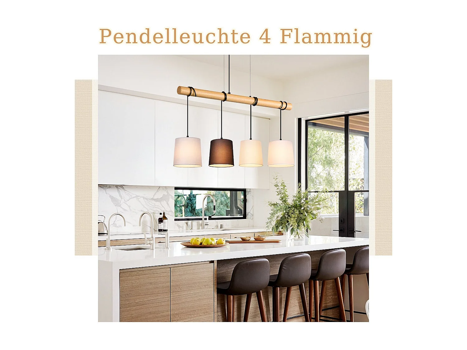 NETTLIFE Hanglamp vintage hout - 4xE27 - wit - metaal - stoffen kap - eetkamerlamp voor cafés woonkamer