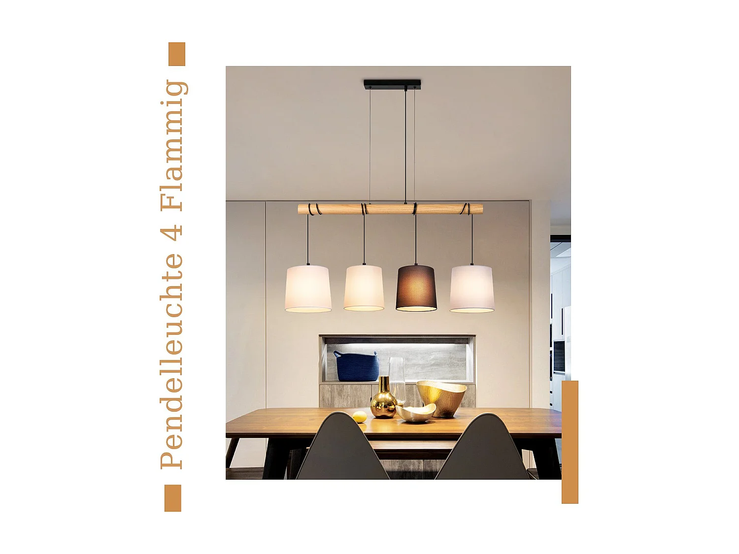 NETTLIFE Hanglamp vintage hout - 4xE27 - wit - metaal - stoffen kap - eetkamerlamp voor cafés woonkamer