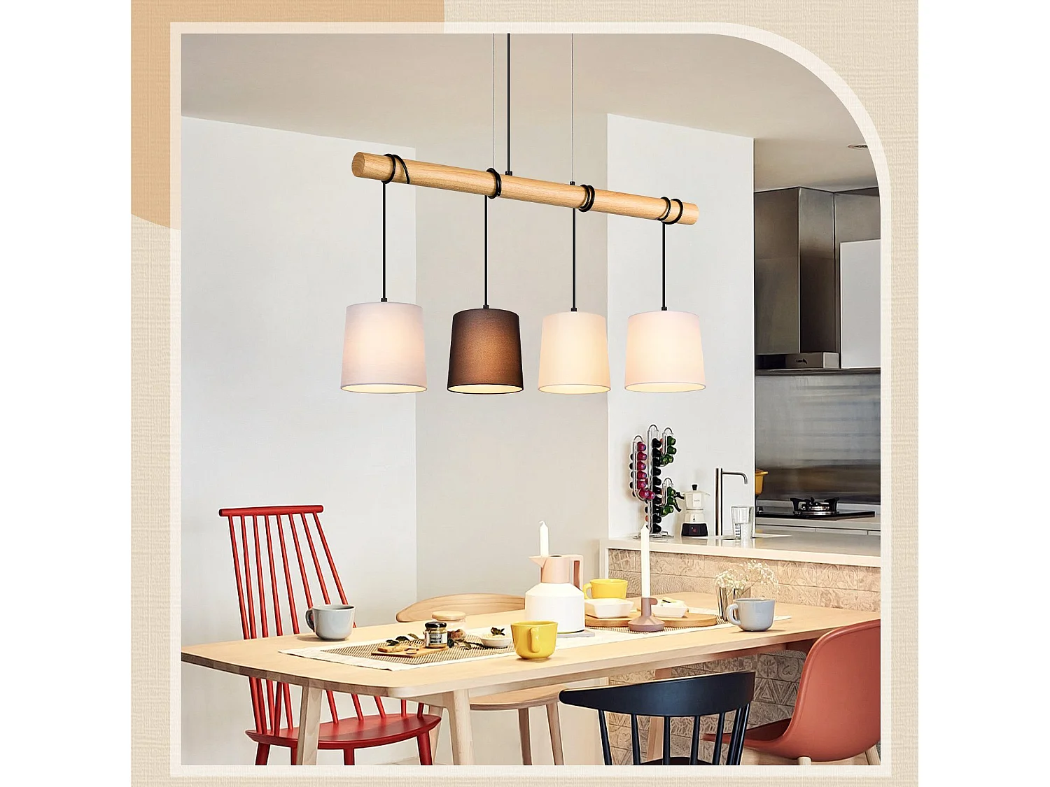 NETTLIFE Hanglamp vintage hout - 4xE27 - wit - metaal - stoffen kap - eetkamerlamp voor cafés woonkamer