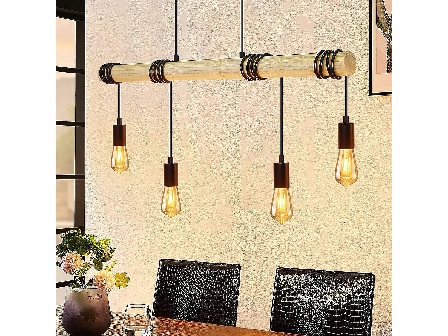 NETTLIFE Lámpara colgante de madera negra Diam.113cm E27  vintage retro 4 llamas lámpara de cocina industrial para  cocina sala de estar