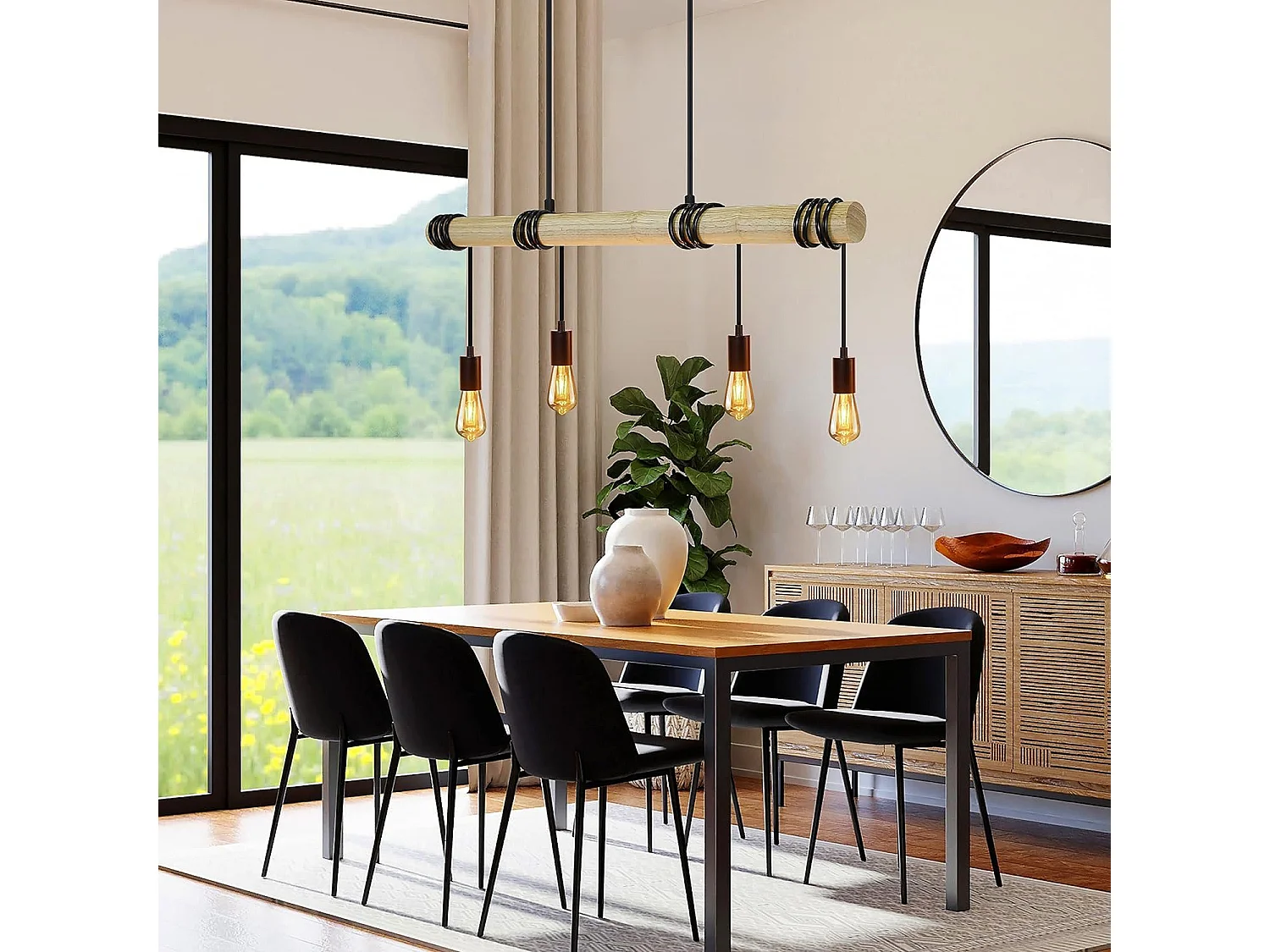 NETTLIFE Lámpara colgante de madera negra Diam.113cm E27  vintage retro 4 llamas lámpara de cocina industrial para  cocina sala de estar