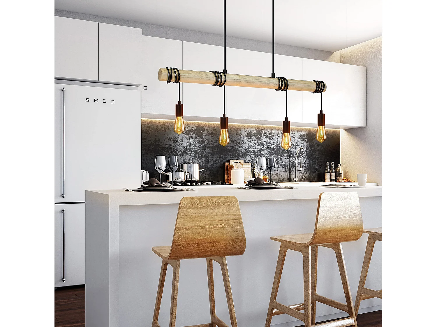 NETTLIFE Lámpara colgante de madera negra Diam.113cm E27  vintage retro 4 llamas lámpara de cocina industrial para  cocina sala de estar