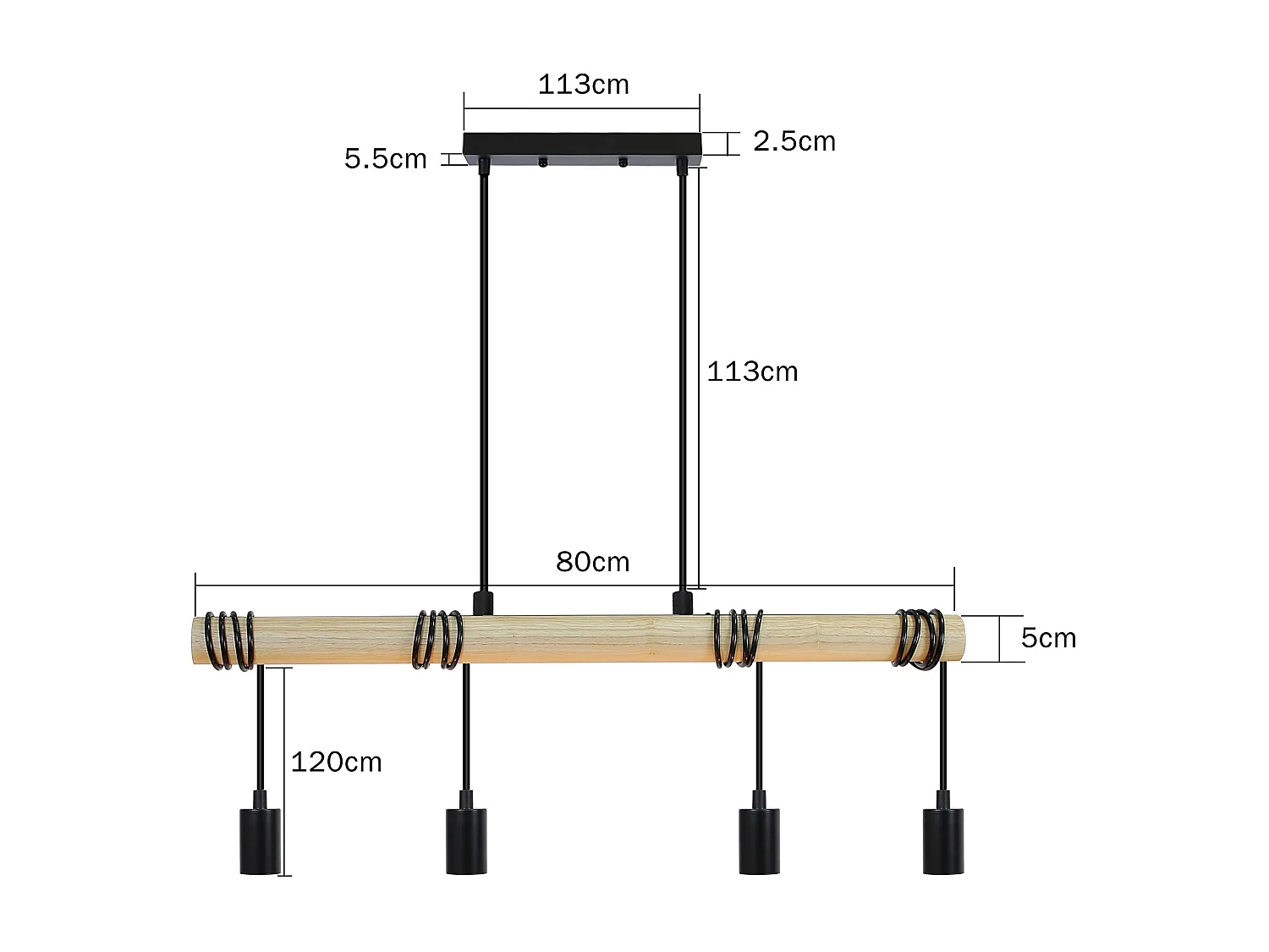 NETTLIFE Lámpara colgante de madera negra Diam.113cm E27  vintage retro 4 llamas lámpara de cocina industrial para  cocina sala de estar