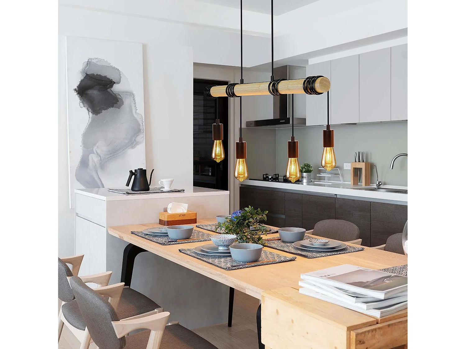 NETTLIFE Lámpara colgante de madera negra Diam.113cm E27  vintage retro 4 llamas lámpara de cocina industrial para  cocina sala de estar